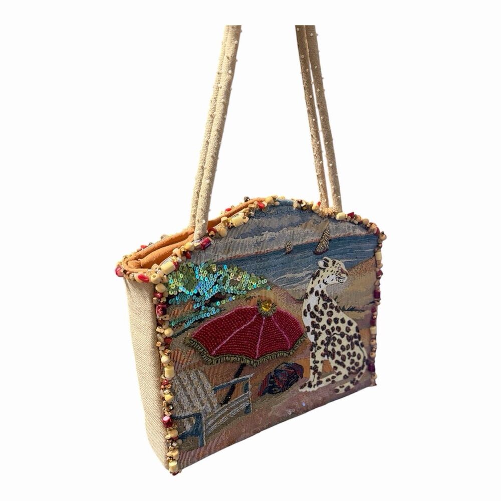 Mary Frances Leopard Beach Tapestry Beaded Sequin Tote Bag Mirror Magnetic Snap - Picture 4 of 13